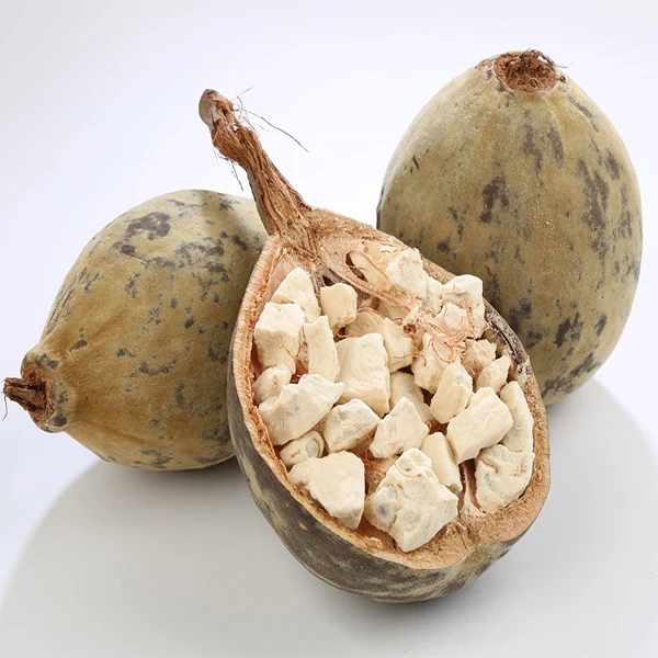 Open baobab fruit shell and white pulp